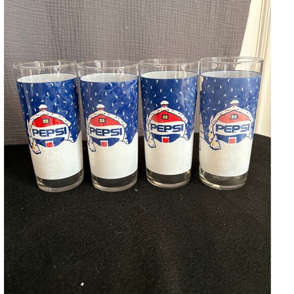 Vintage Pepsi Cola Glass Winter Christmas Snow Village Tumbler SET of 4 - Picture 2 of 4